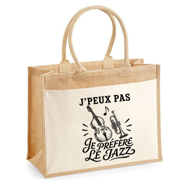 Sac Cabas - PLANETEE - J’peux pas je préfère le Jazz - Toile de jute & coton - 21 L (43×33×21 cm) - Anses 65 cm