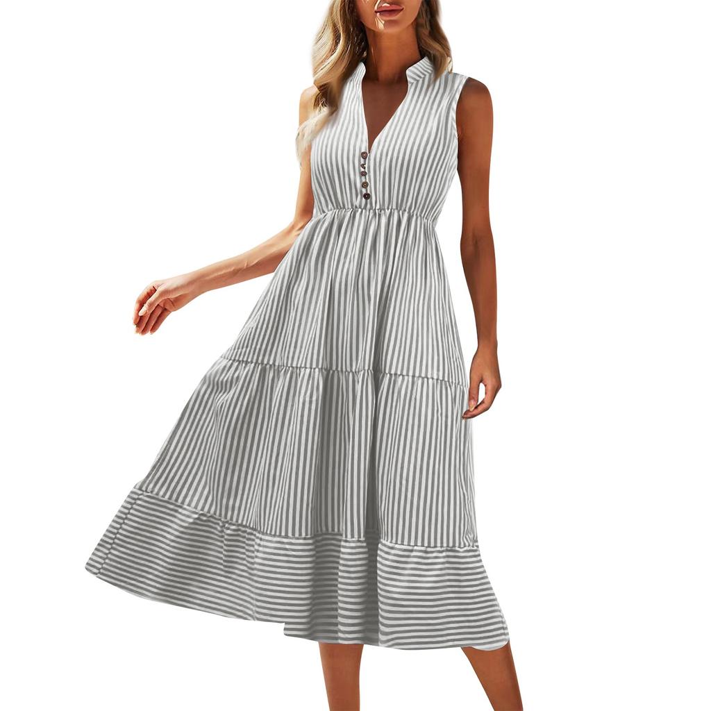 Women's Summer New Sleeveless Striped V-neck Waistcoat Dress