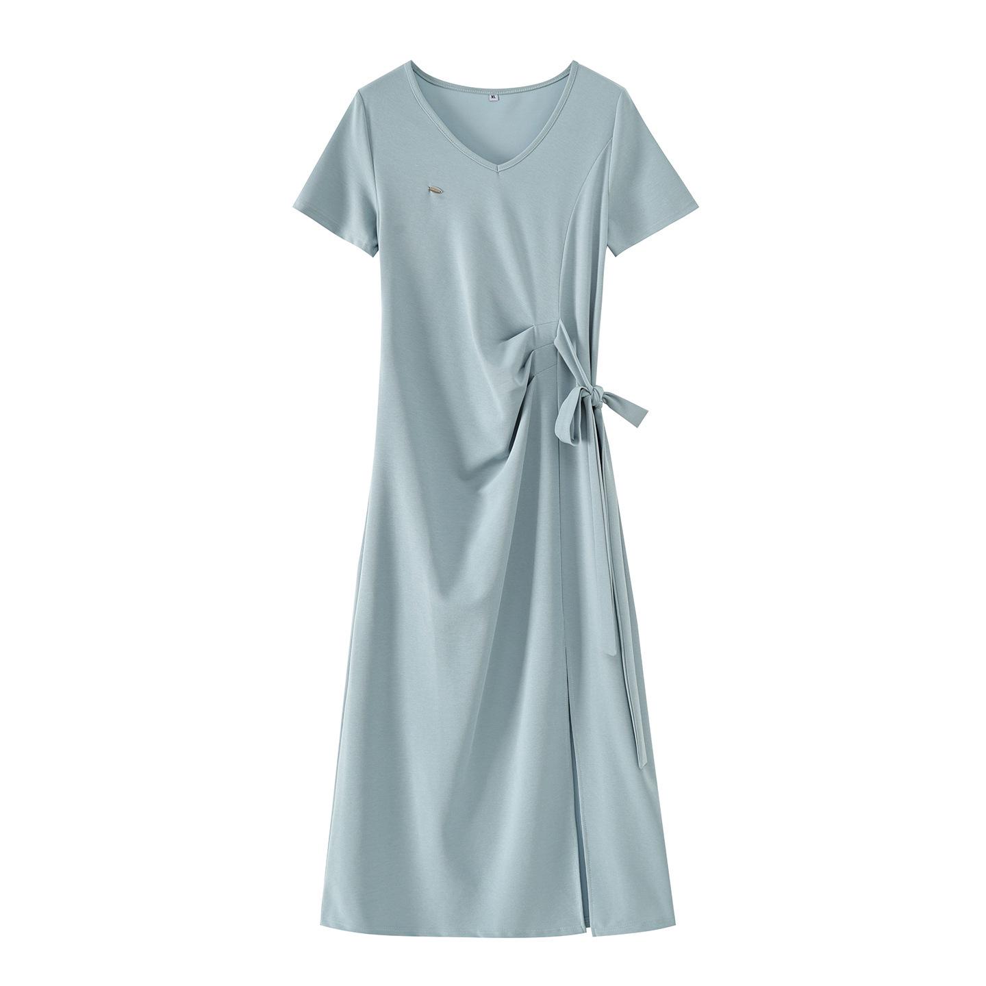 

Plus Size Resort-Style Tie-Up Long Slit Dress - Summer 2026 Arrival, Slimming Solid Color Maxi Dress 3XL (160-180 jin) синий