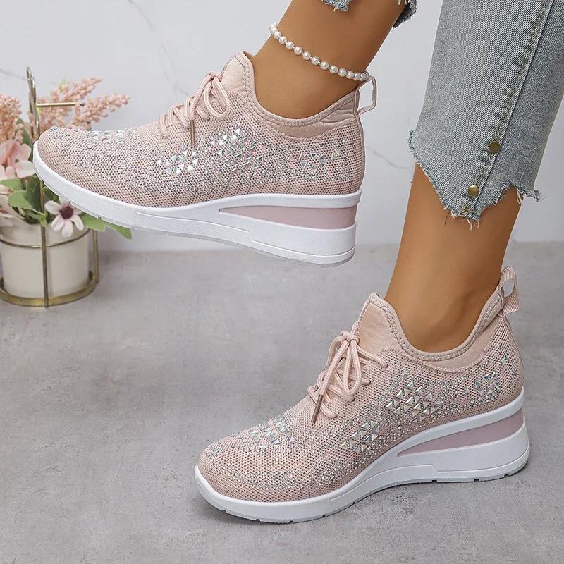 Fashion Women's Hot Pink Crystal Knitted Sneakers Autumn 2025 Shiny Rhinestone Wedge Heels Vulcanize Shoes Woman Platform Casual Shoes