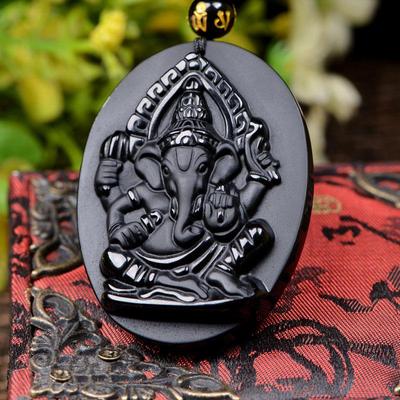 Kristallobsidian Reichtum bringender Ganesha und Elefantenbaby Halskettenanhänger