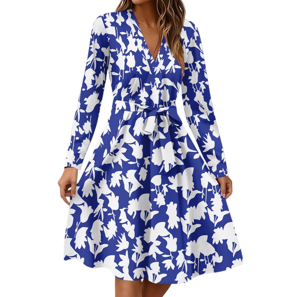 Women's Fashion Casual V-Neck Long Sleeve Waist Floral Print Midi Dress