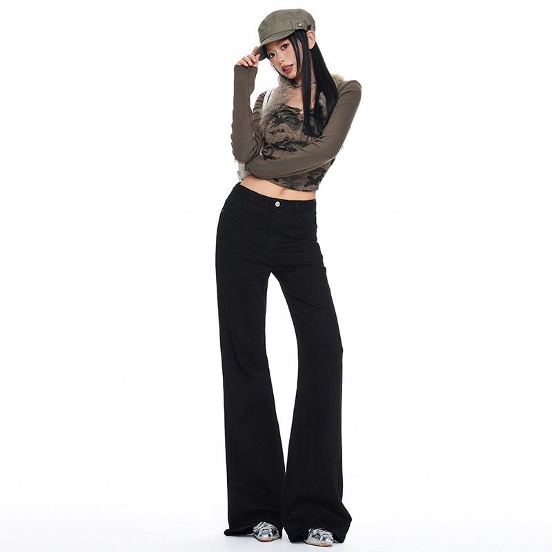American black micro-pull jeans women's autumn new small high-waisted thin flared pants without sticking to the legs