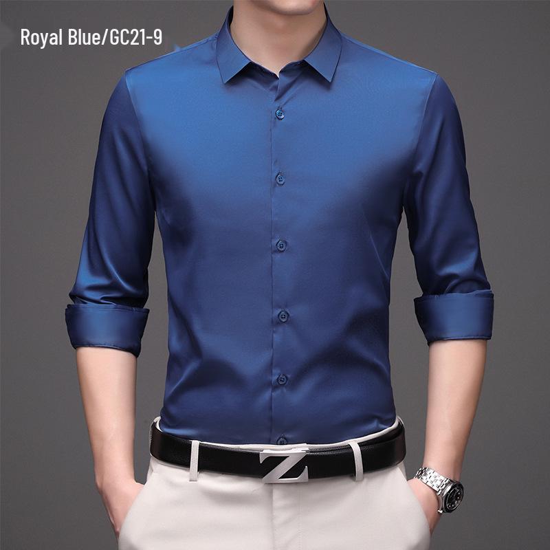 Men's Solid Color Iron-Free Stretch Korean Style Slim Fit Long Sleeve Business Casual Shirt - White