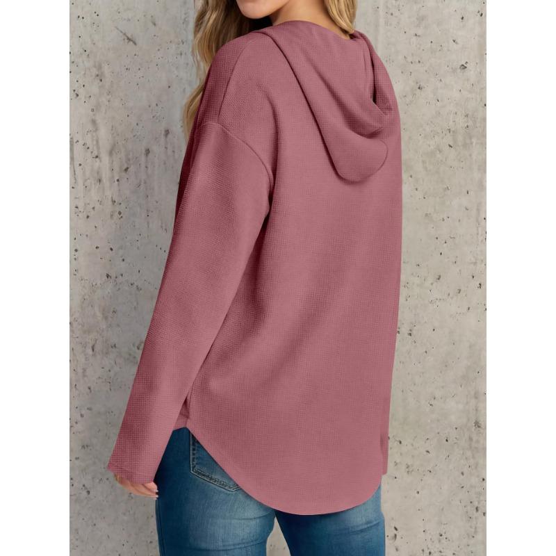 Womens Loose Drawstring Waffle Hooded Long Sleeve Casual Sweatshirt