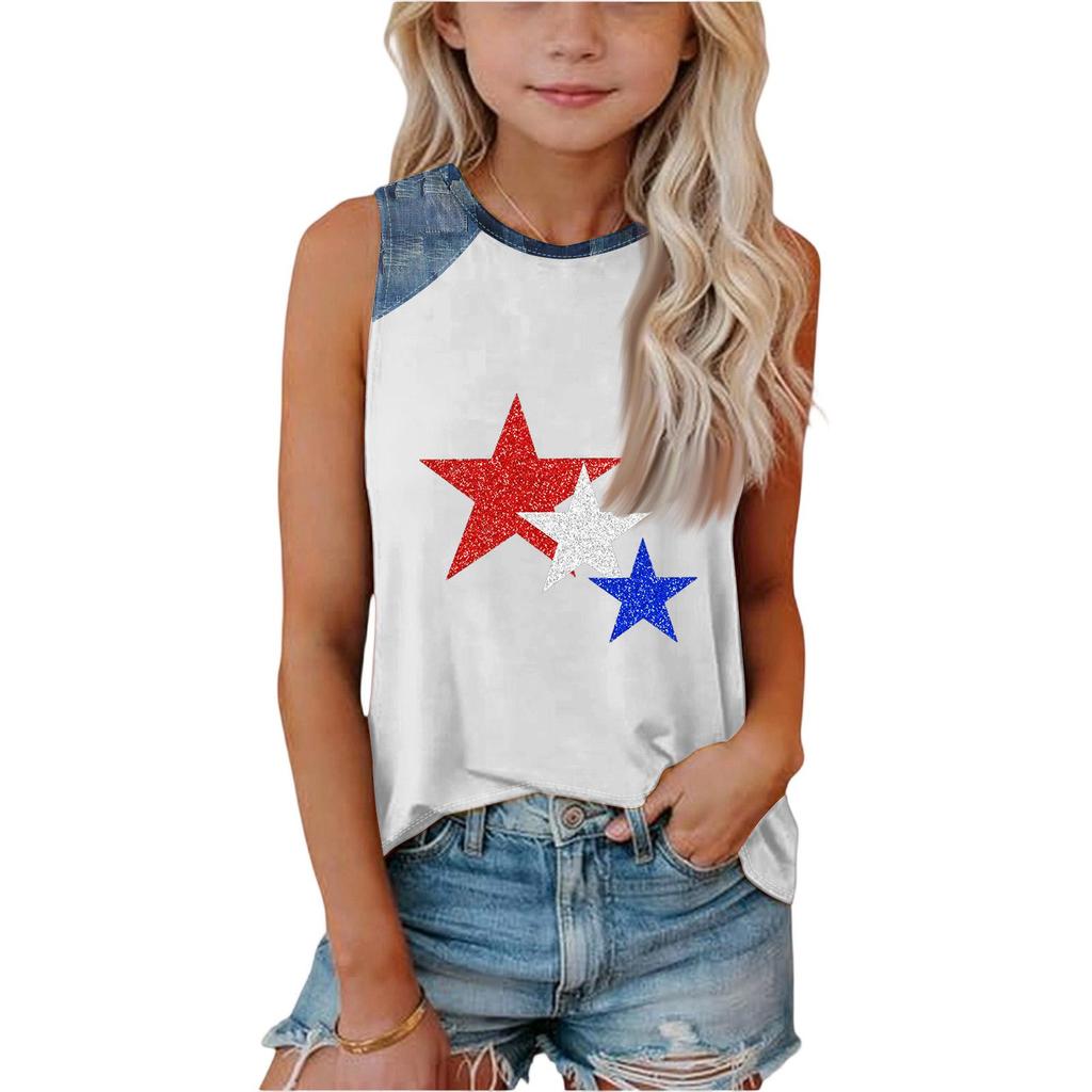 Girls Sleeveless Loose Fit Tank Top Round Neck T Shirt with Star Pattern Denim Patchwork Summer Casual Tee for Kids