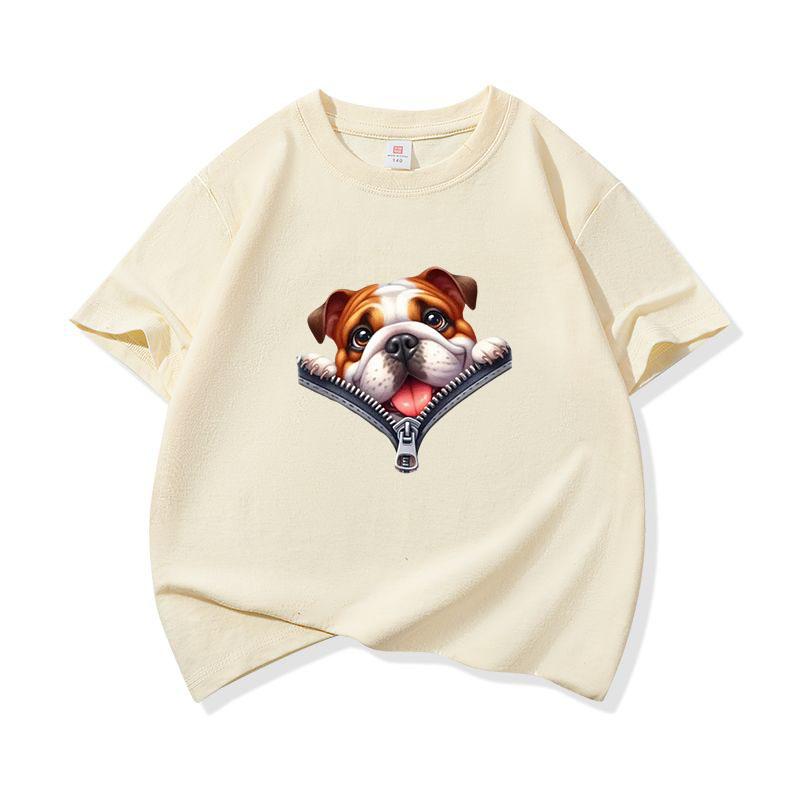 Kids Cotton T Shirt Charming Bulldog Puppy Dog Zipper Print Crew Neck Short Sleeve Tee Casual Breathable Boys Girls Summer Tops