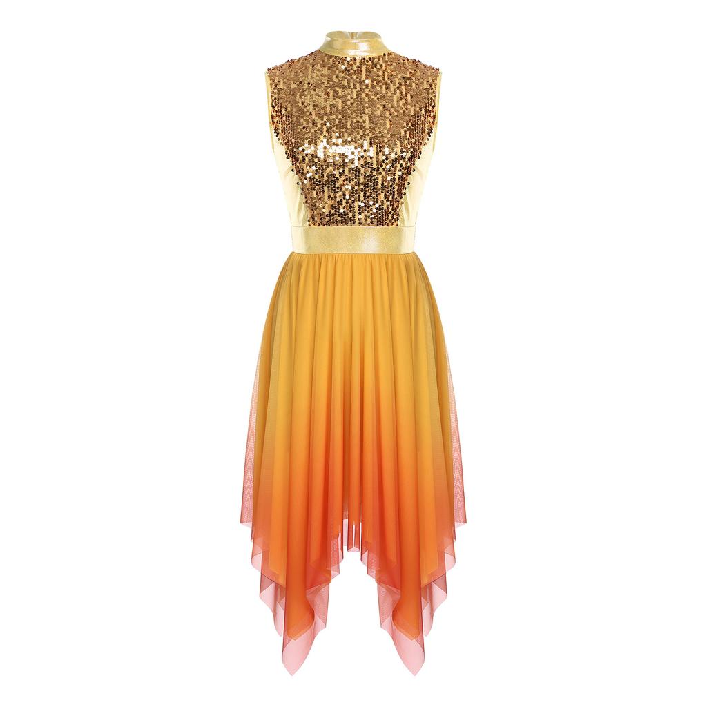 Womens Worship Praise Dance Dress Shiny Sequine Sleeveless Bodice Gradient Mesh Irregular Hem Lyrical Costume