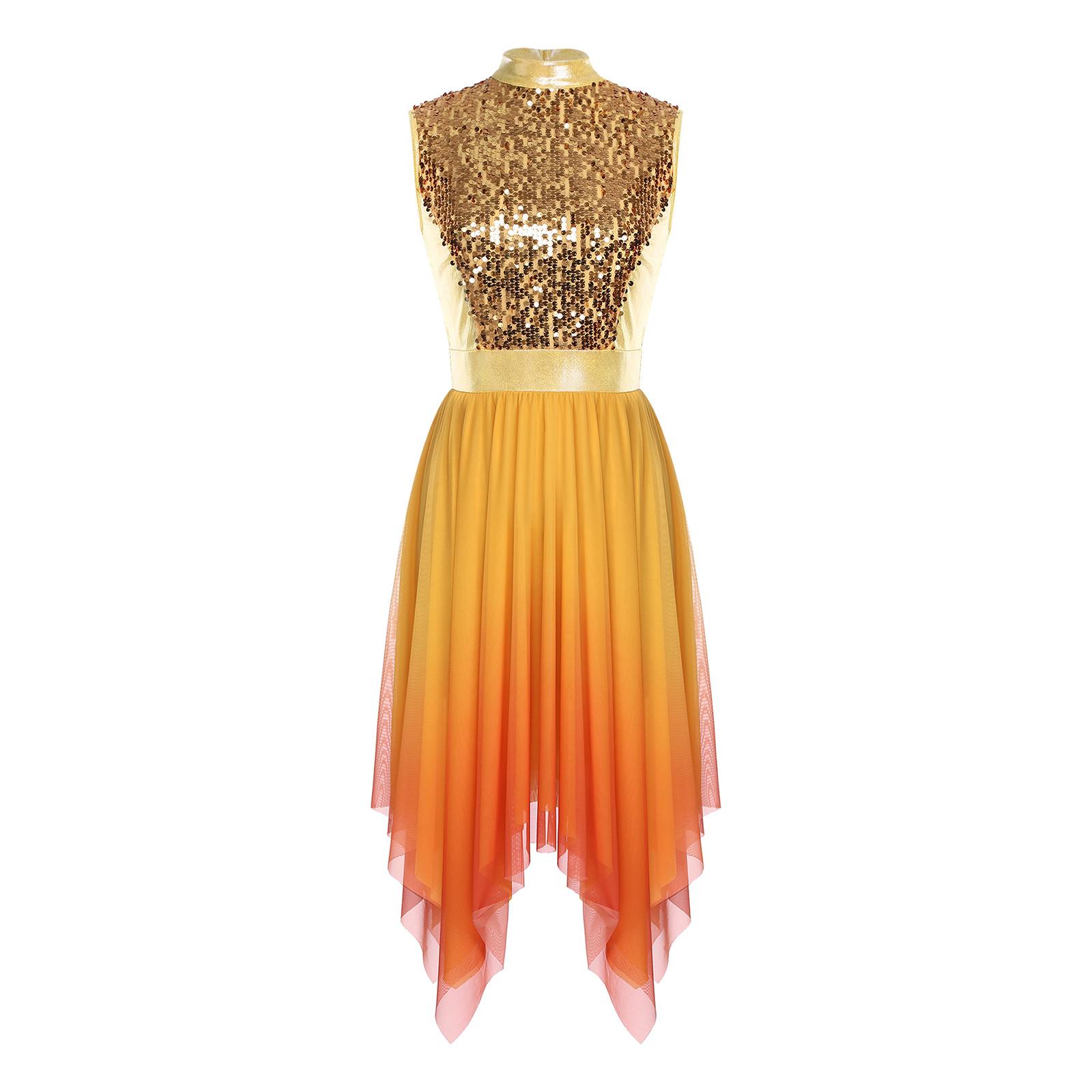 Damen Worship Lobpreis Tanzkleid Glitzernde Pailletten Ärmelloses Oberteil Farbverlauf Netz Unregelmäßiger Saum Lyrisches Kostüm S gold