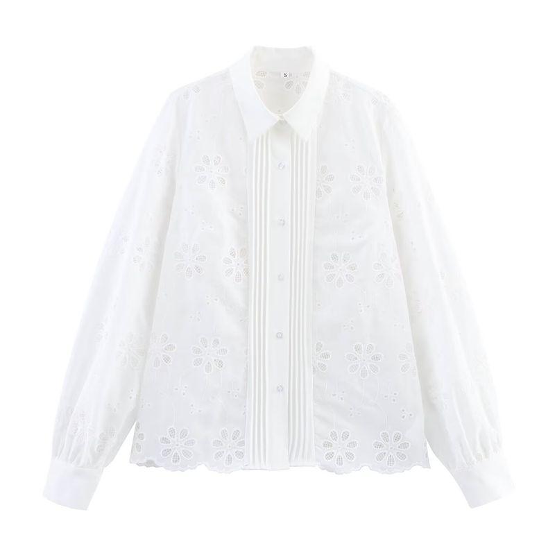 Kaslead New Women clothes Western Style Fashion Simple and Versatile Temperament Water Soluble Embroidery Shirts Top