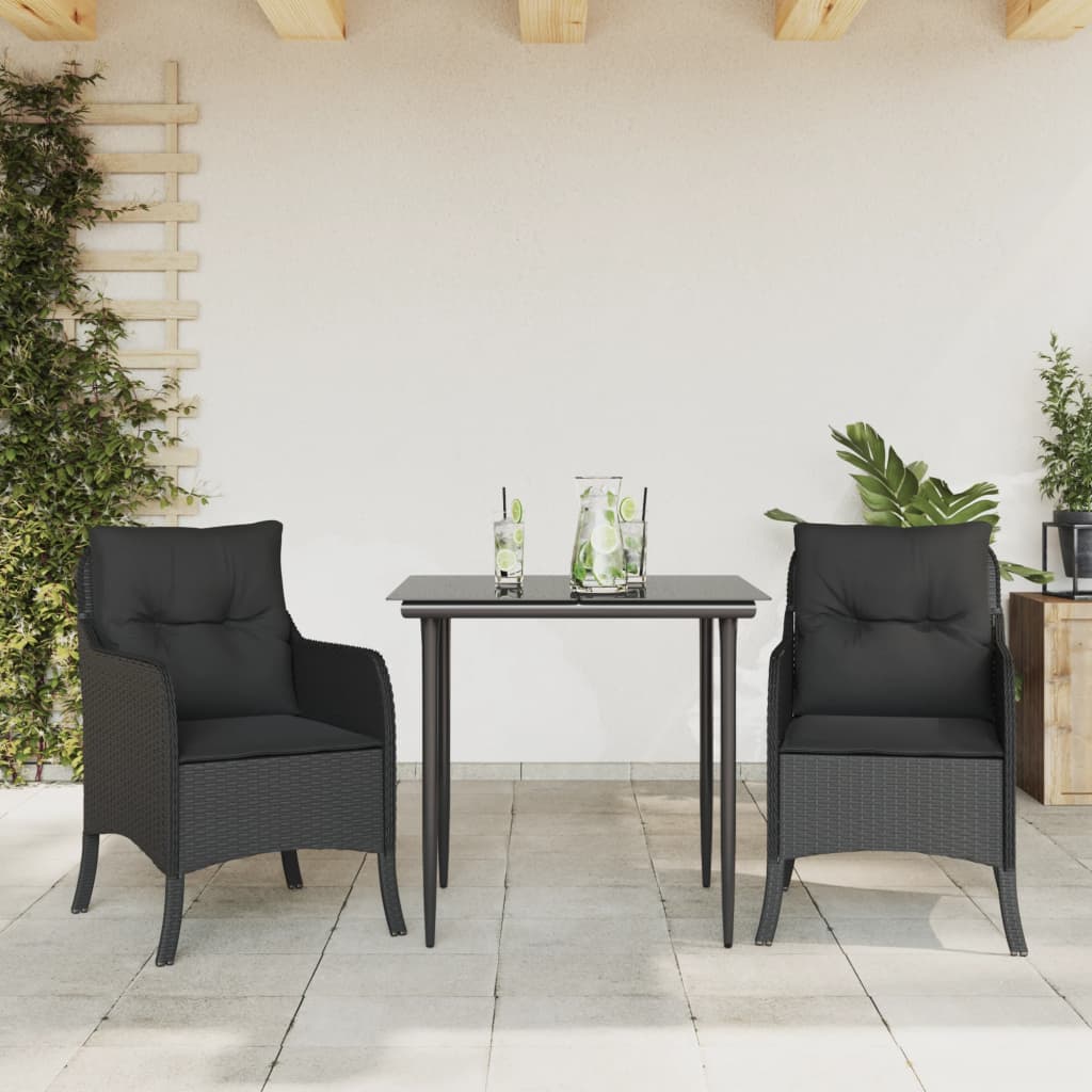 3 Piece Outdoor Dining Set with Cushions Black Poly Rattan