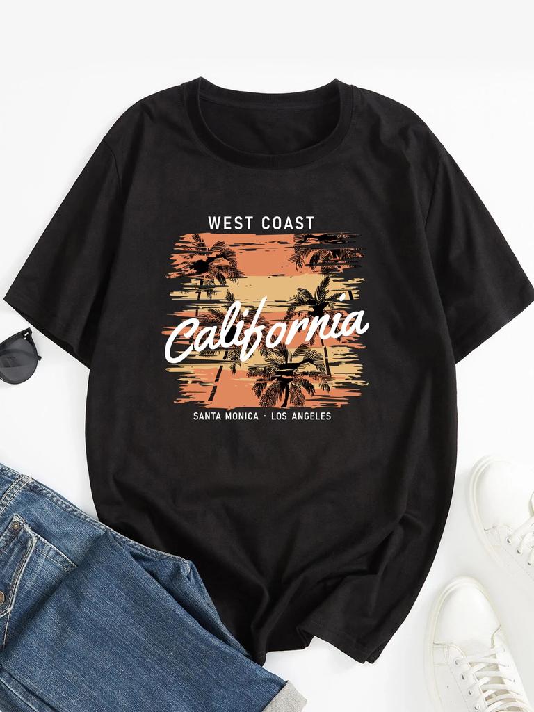 West Cost California Print T-Shirt for Men's Casual Crew Neck Short-Sleeve Fashion Summer T-Shirts Tops, Regular and Oversize