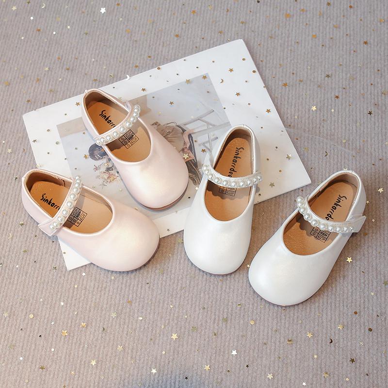 Chaussures en Cuir pour Petites Filles Souples Mary Janes pour Enfants avec Perles Perlé Chic Princesse Doux Simples Ballerines pour Enfants Blanches pour Mariage