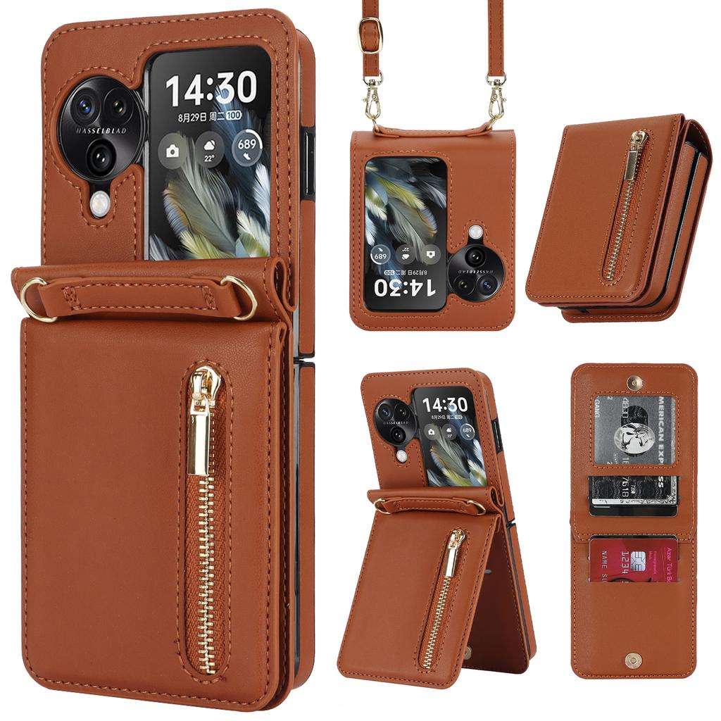 Crossbody Zipper Cards Solt Wallet Leather Case for OPPO Find N3 Flip 5G N2 PGT110 N2flip Vertical Purse Long Lanyard Bag Cover