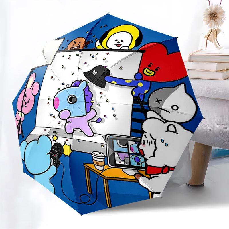 1pc BT21 Characters Outdoor Umbrella - Automatic Opening/Closing, Portable 3-Fold Design, 8-Rib Iron Frame, Perfect Gift for Fans, Travelers, Dai