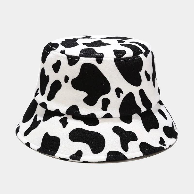 New Women Woolen Bucket Caps Trendy Cow Pattern Outdoor Travel Sun Hat Protection Fisherman Cap Fashion Shading Panama Hats