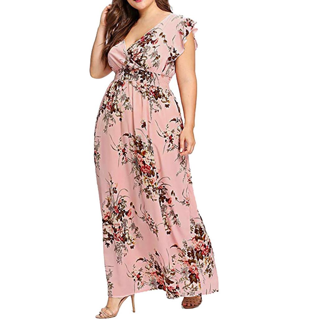 Women's Casual Floral Print V-Neck Ruffle Sleeveless Plus Size Dress Long