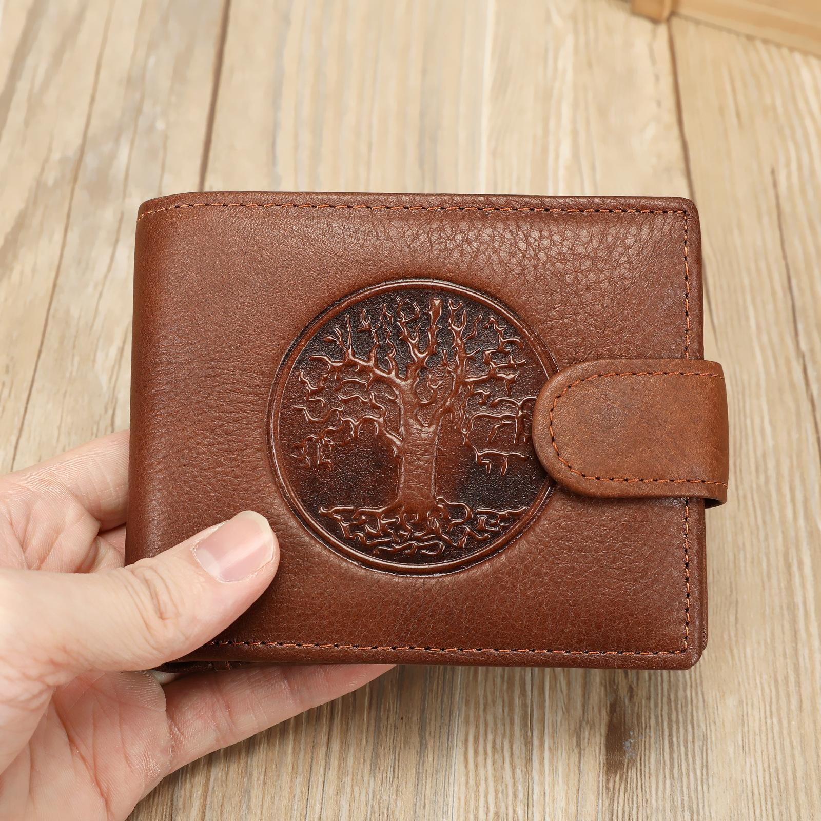 

Vintage Tree of Life Genuine Leather Men Wallet Embossed Cowhide Bifold Purse with Coin Pocket Credit Card Holder