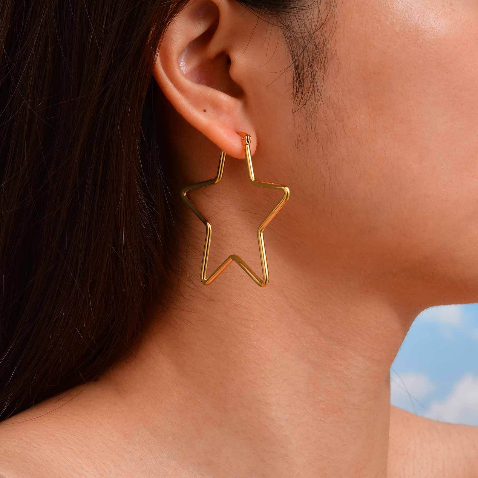 

Vnox Atmospheric Big Hoop Earrings For Women Stainless Steel Simple Star Heart Circle Chunky Earrings Two Color Female Jewelry