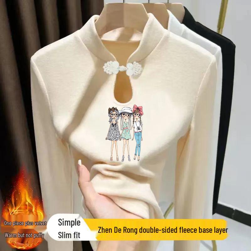 

Женская футболка с длинным рукавом и воротником-стойкой на пуговицах-лягушках в китайском стиле - принт капля воды , теплая, универсальная, осенне-зимний топ L (for 100-115 jin) абрикосовый