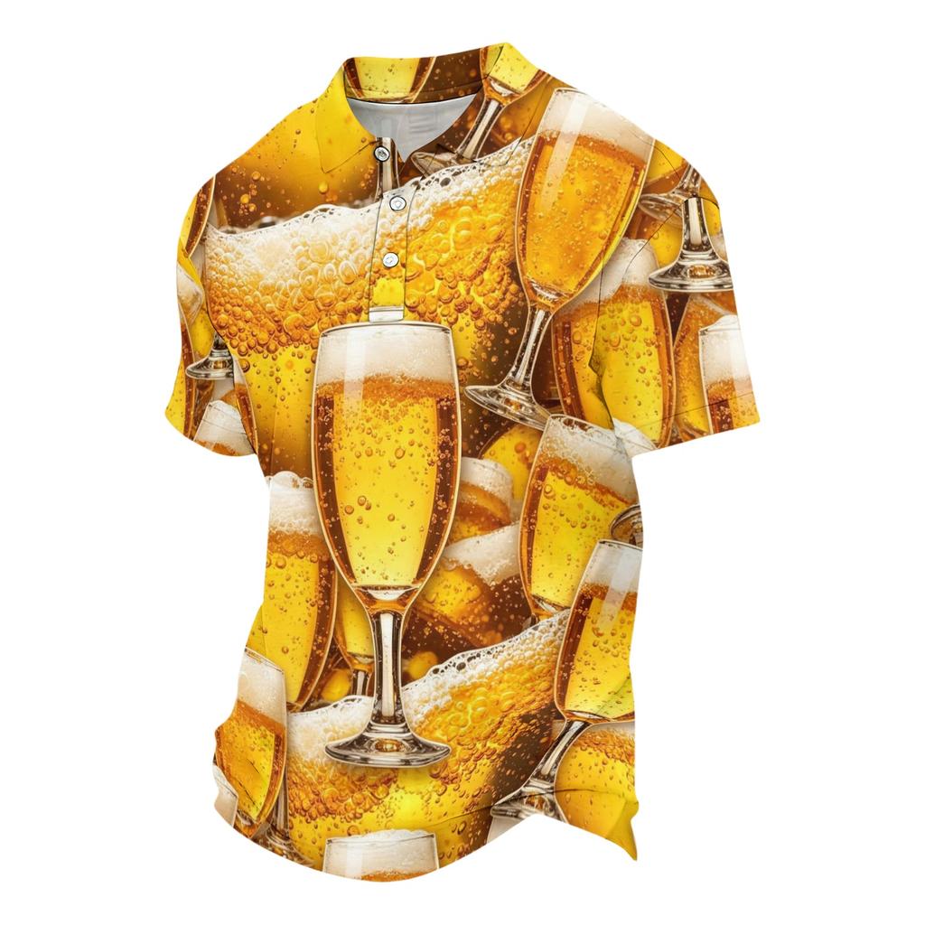 Unisex Casual Short Sleeve Polo Shirt Loose Fit Beer Print Design Button Collar Lightweight Breathable Fabric Summer Top