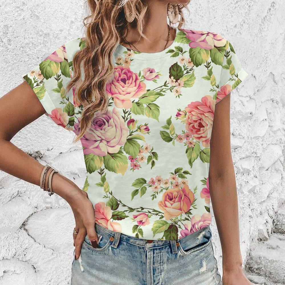 Elegant Simple Loose Women's T-shirt Summer Breathable Comfortable Round Neck T-shirt Fashion Vintage Flower Print T-shirt