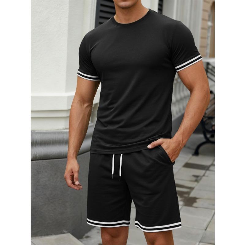 

Summer Men s Fashion Loose Suit Short Sleeve Sports Casual Round Neck Two-piece Set Conjuntos Hombre S чорний