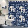 Blue & White Tribal Elephant Shower Curtain - Floral Motifs, Traditional Art,  12 Hooks, Home Bath Decor