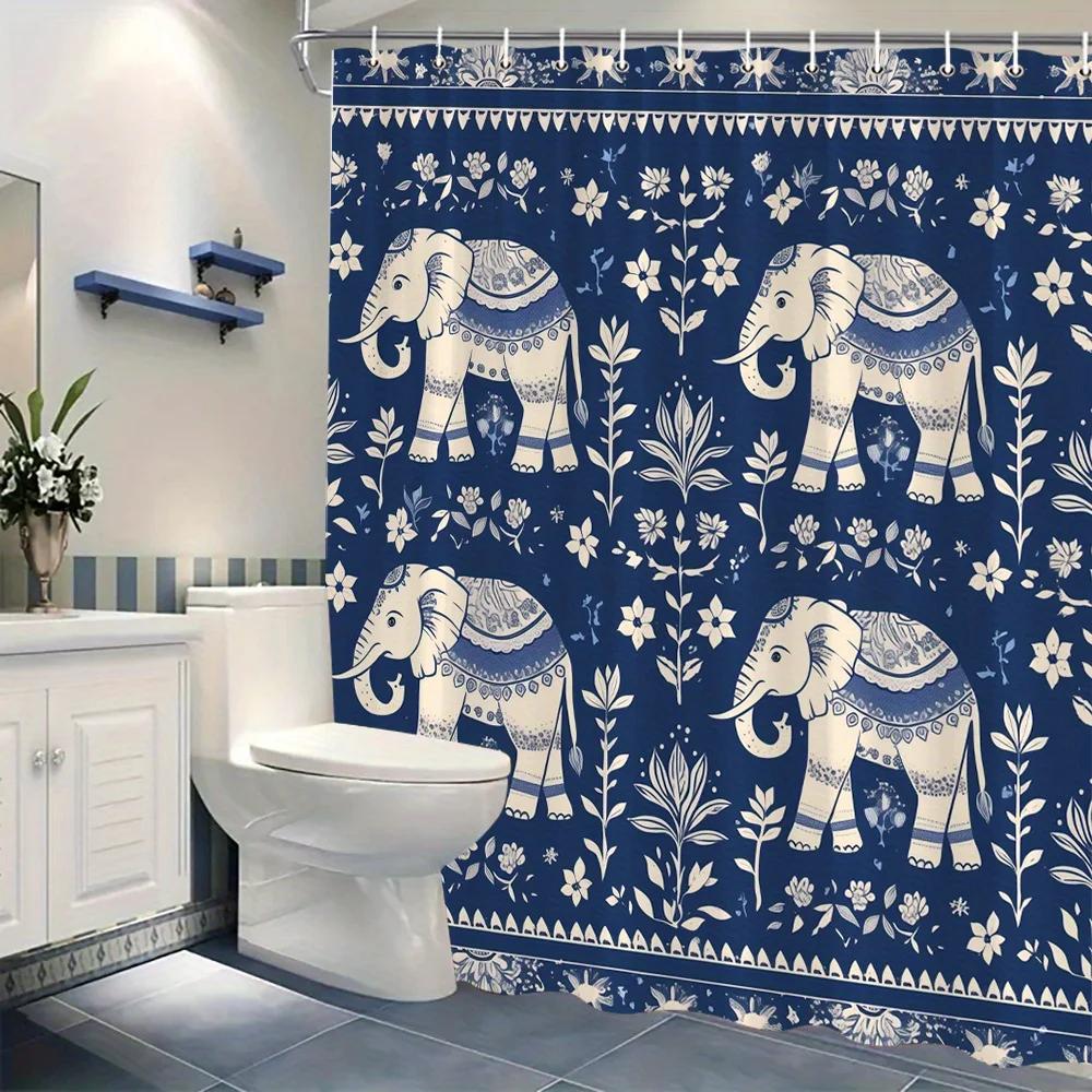 Blue & White Tribal Elephant Shower Curtain - Floral Motifs, Traditional Art,  12 Hooks, Home Bath Decor