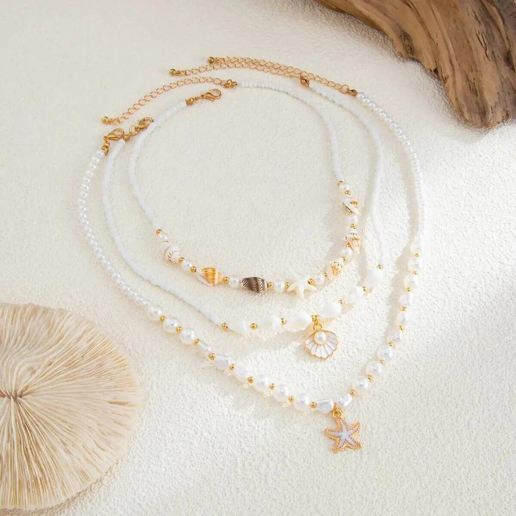 SHIXIN 3Pcs/Set Elegant Multi Layer Imitation Pearl Choker Necklace Women Bohemian Conch Scallop Starfish Pendant Necklace Gifts