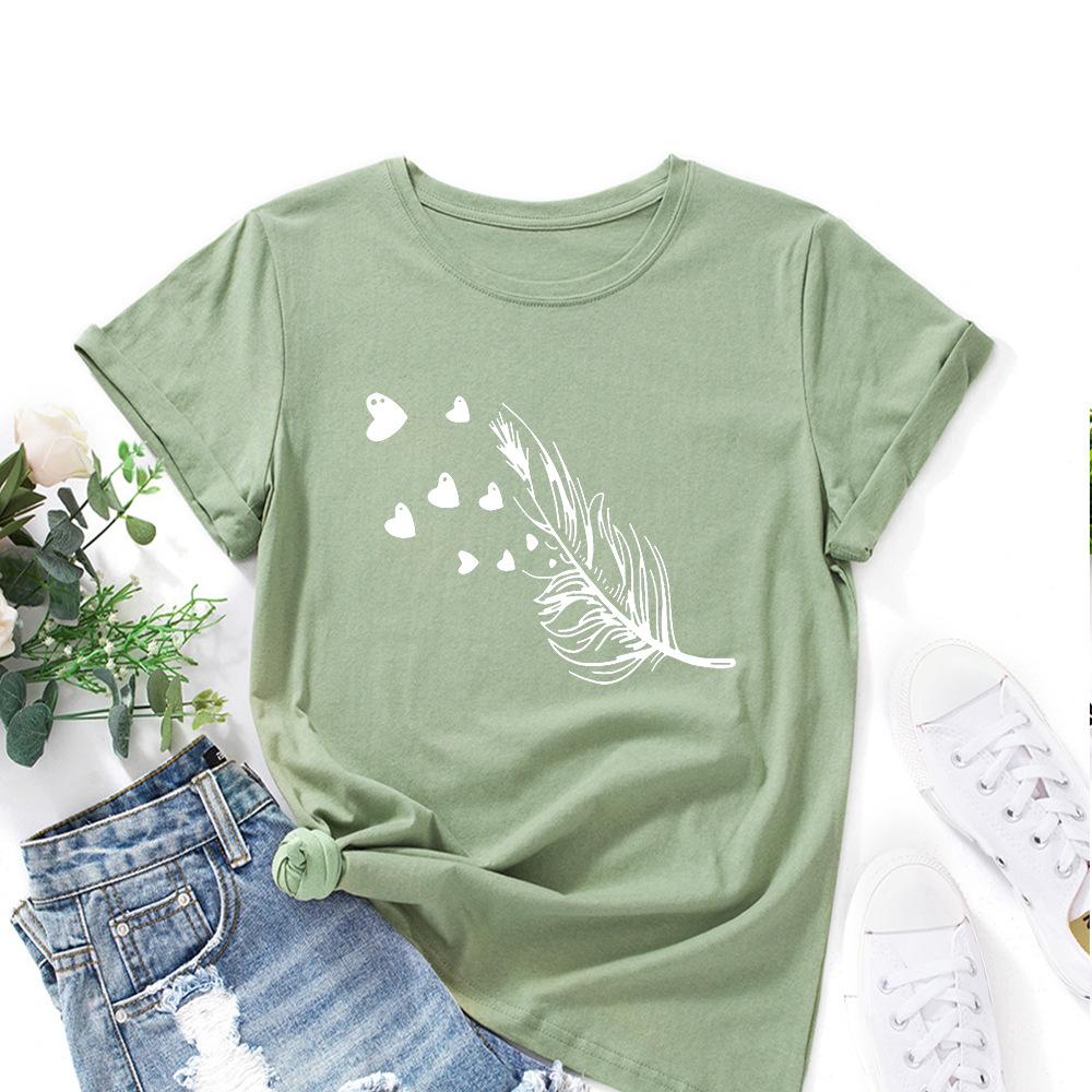 Cotton T-Shirt Short Sleeve Round Neck Women 2d Print Tops