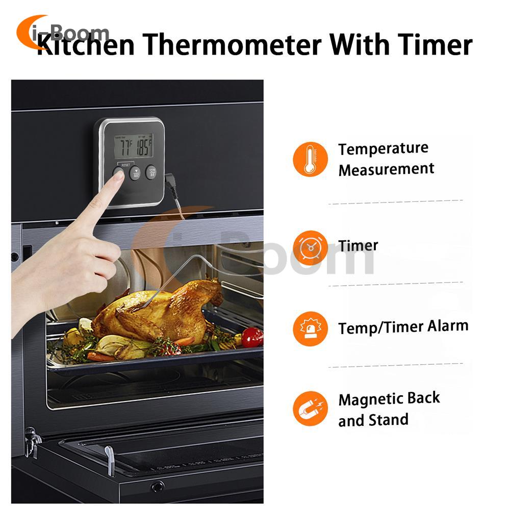 LED Digital Thermometer with Waterproof Probe BBQ Oven Temperature Inspection Instrument Timer High Temperature Alarm