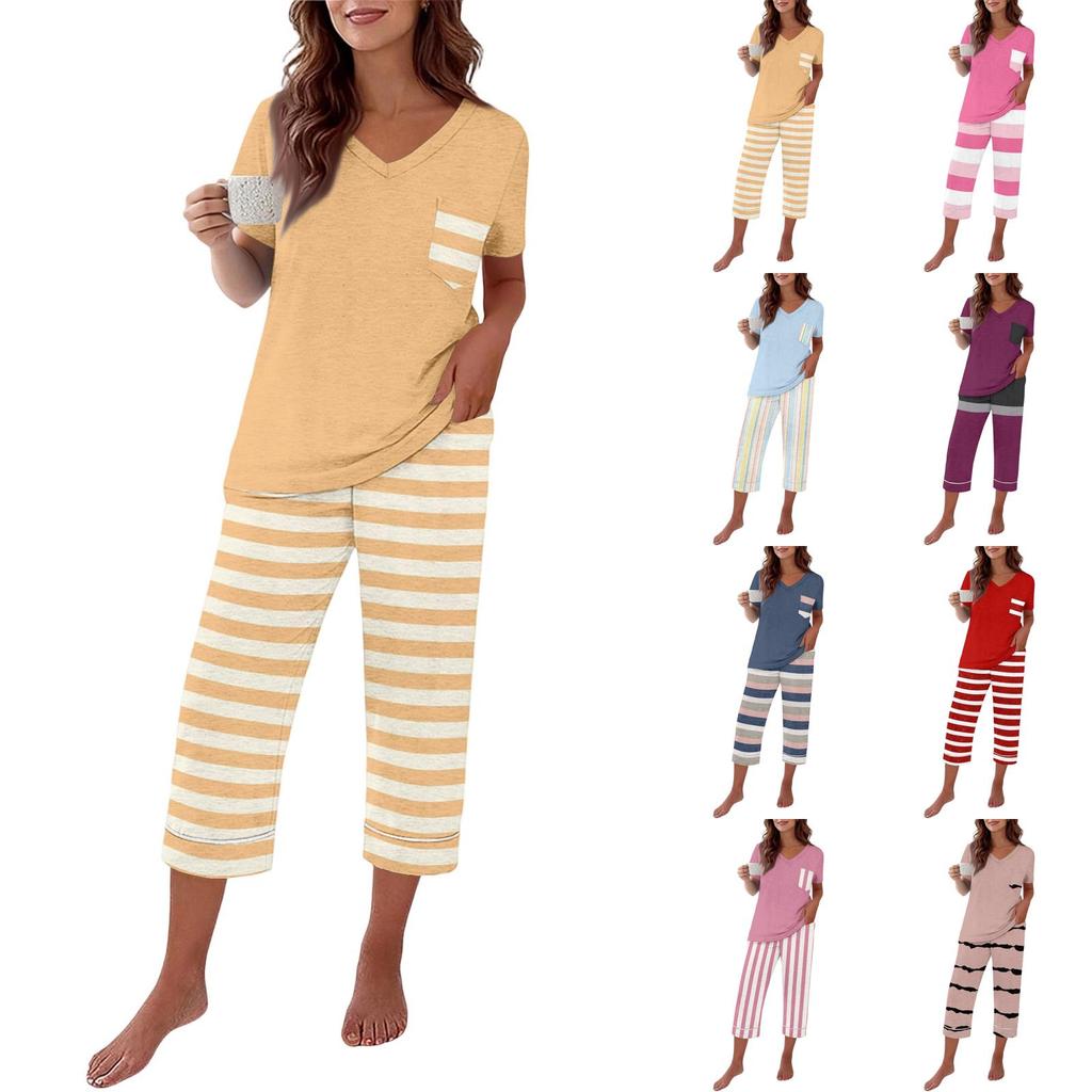 Women's Casual Printed Round Neck Loose Fit Short Sleeve Tee and Loungewear Set