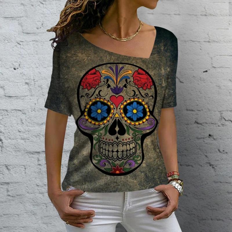 Vintage Skull Women's T Shirt 3D Printed Skew Collar Blouses Casual Short Sleeve Pullover Tops Summer Oversized Clothes Tees