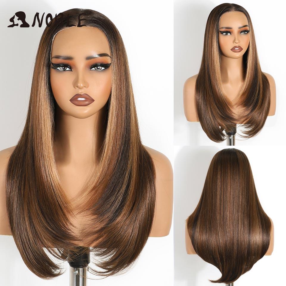 24 Inch 9x6 Ombre Brown Highlight Synthetic Lace Front Wig Pre-Plucked Glueless Heat Resistant Straight Layered Wig for Women