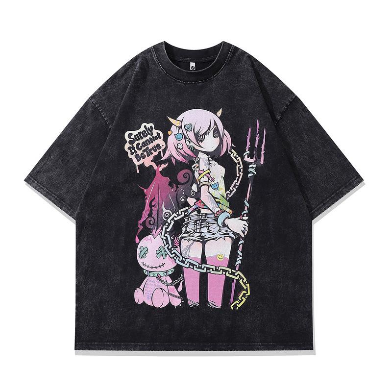 Tide Brand Two-Dimensional Dark Wind Printing Short-Sleeved T-Shirt For Men And Women Trend Washing Old Couples