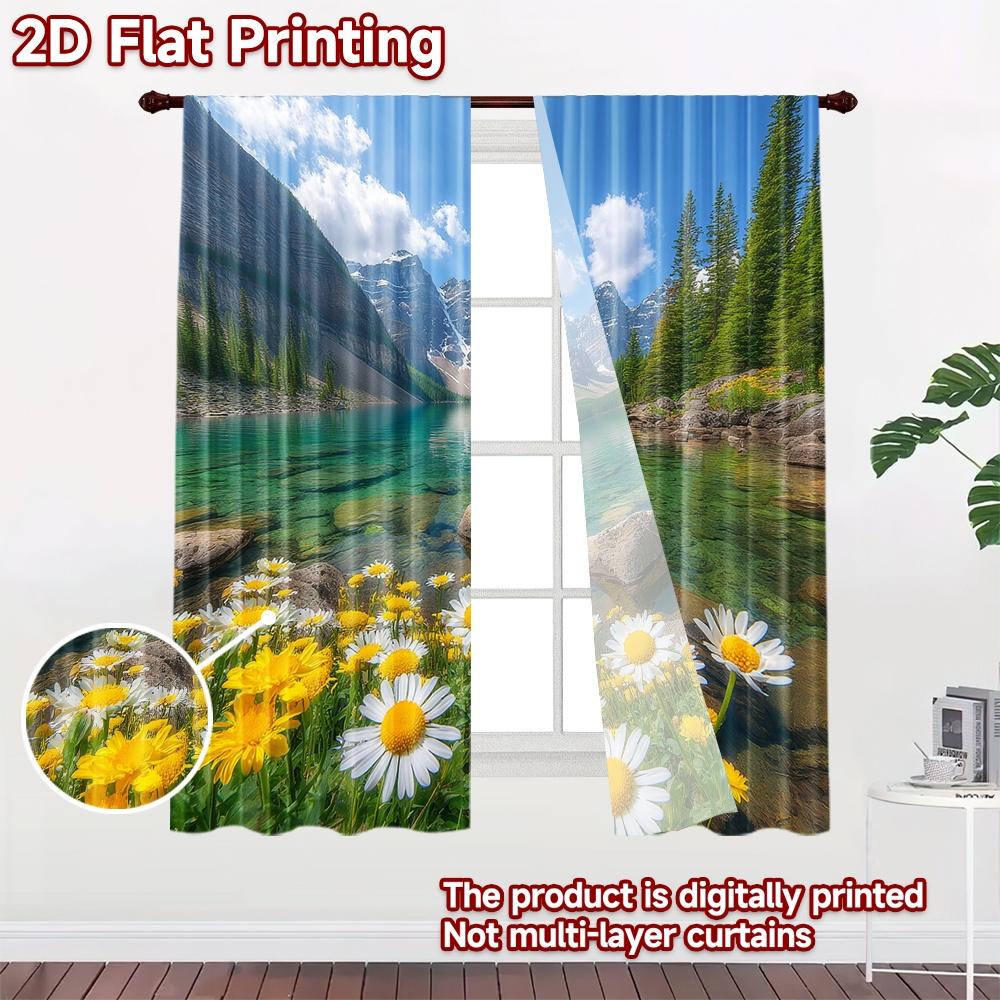 2D Flat Printing 2pcs Party Curtain Alpine Lake Daisy Field Digital Printed Polyester Drapes Holiday Decorations for Home &