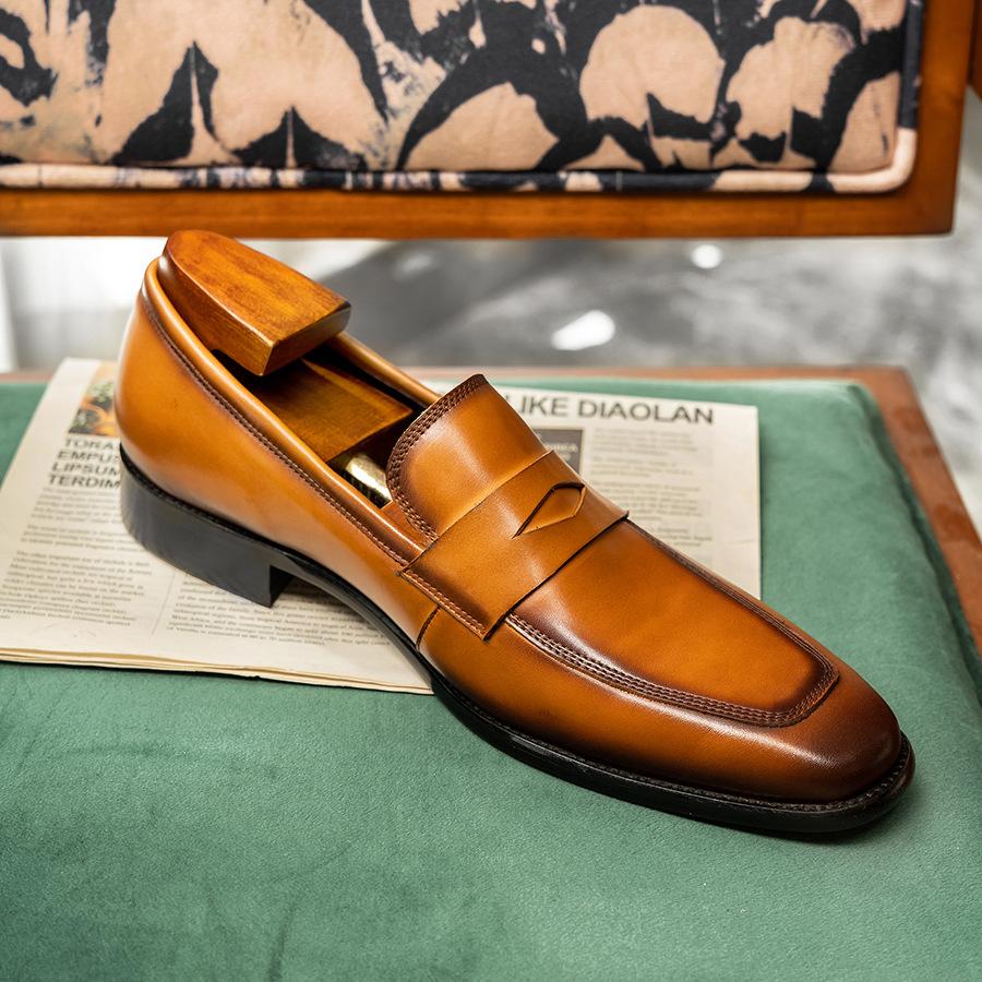 Penny Loafers Square Head Leather Shoes Men's Business Casual Cowhide Men's Shoes One Pedal