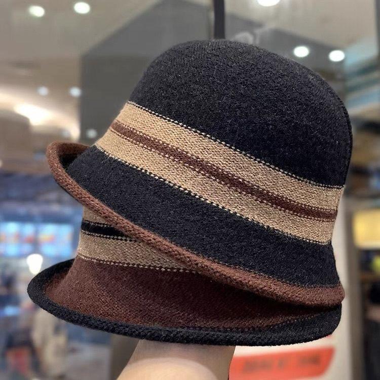 Autumn and Winter New Warm Autumn and Winter British Versatile Bucket Hat Elegant Retro Striped Top Hat Basin Hat Fashion Hat