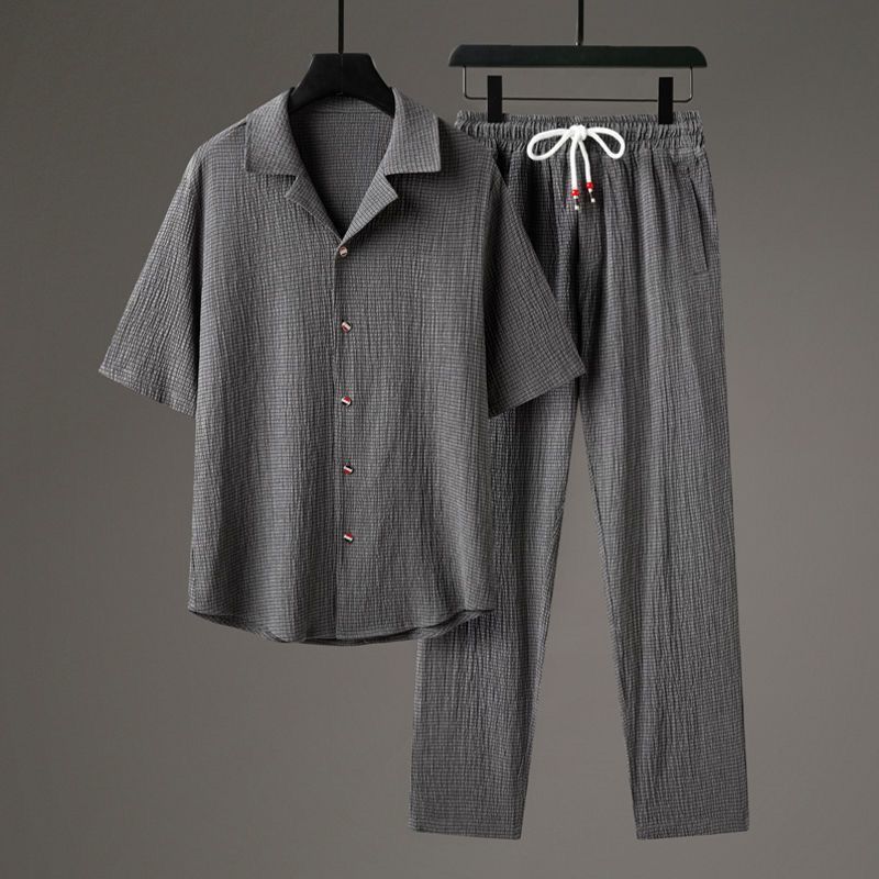 5-point Sleeve Casual Suit Men's Thin Linen Short Sleeved Sports Cotton Solid Color Chinese Style Two-piece Set Men