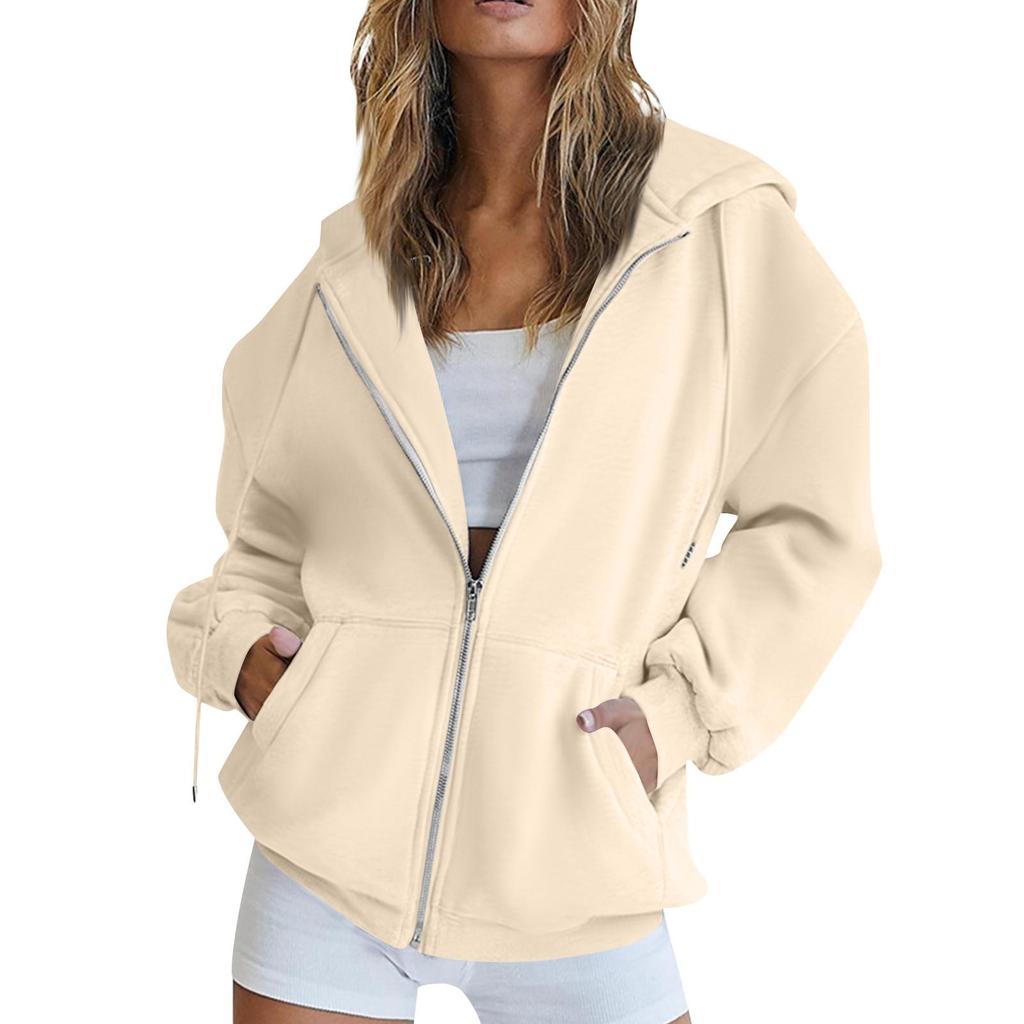 Women's  Fashion Zipper Hoodie Long Sleeve Hooded Pullover Sweatshirt Casual Solid Color Tops With Pockets