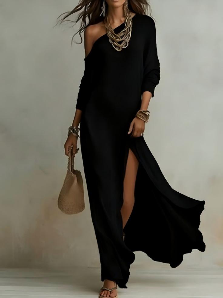 Nuovo Abito Elegante da Donna Estivo in Maglia Manica Lunga Pieghettato con Spacco
