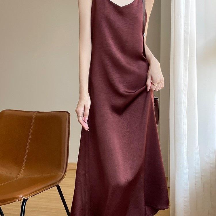 Light Luxury High-end Style Printed Satin Suspender Dress Women's New Temperament New Chinese Acetic Acid Dress