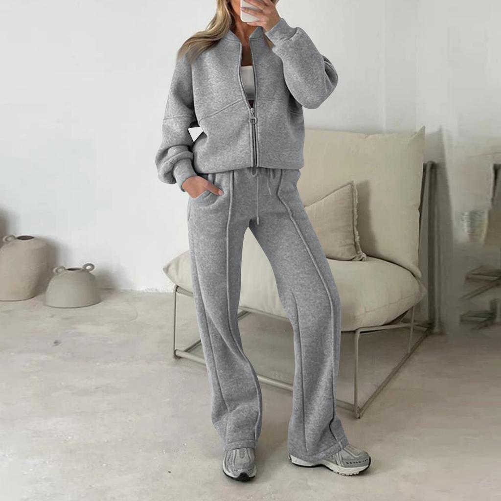 Women's Fashion Two-piece Solid Color Long-sleeved And Zipped Sweatshirt Trousers Casual Set