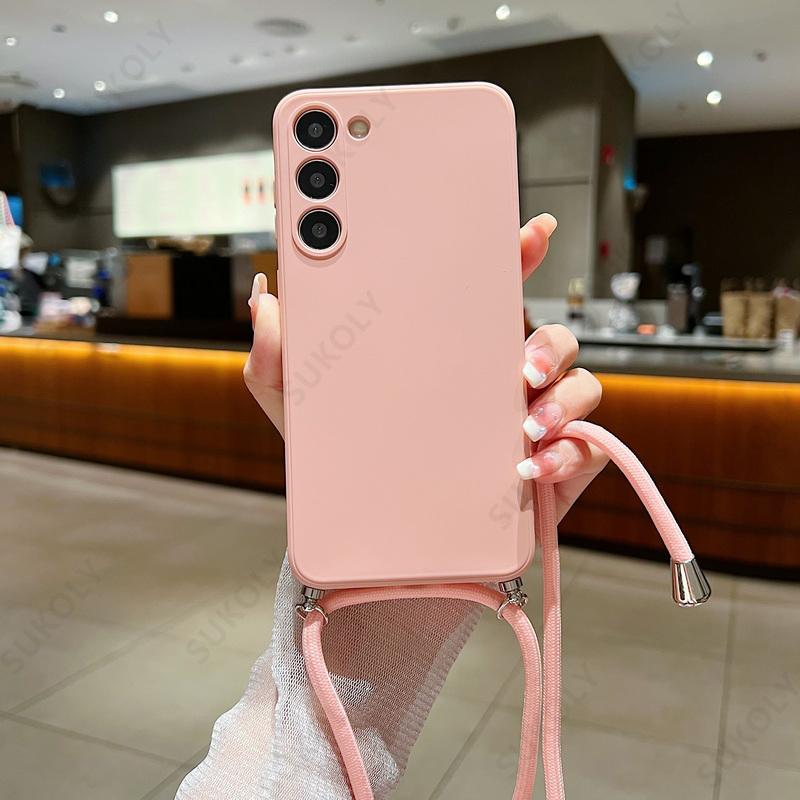 

Crossbody Lanyard Soft Case For Samsung Galaxy S23 FE S25 Edge S24 Ultra A17 A54 A55 A56 A15 A16 5G Liquid Silicone Phone Cover For Samsung S24 рожевий