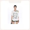 American Graffiti Print Short-sleeved T-shirt Women's Summer Diagonal Collar Fake Two Off-the-shoulder Design Sense Pure Desire Style Top Ins Tide