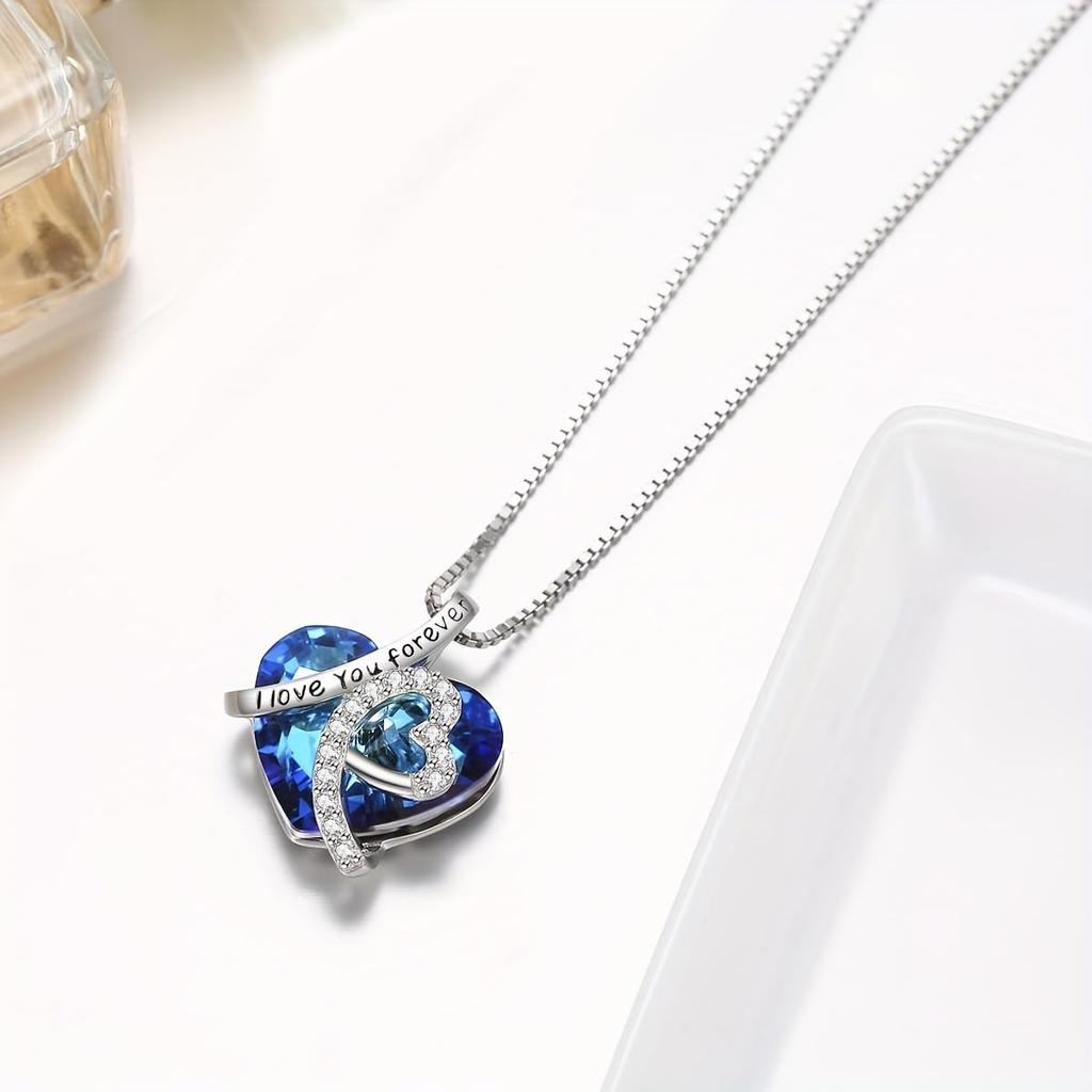[Pinannie] 925 Sterling Silver Heart-Shaped Blue Crystal Necklace with "I Love You Forever" Engraving - Women's Pendant with Zirconia Decoration -
