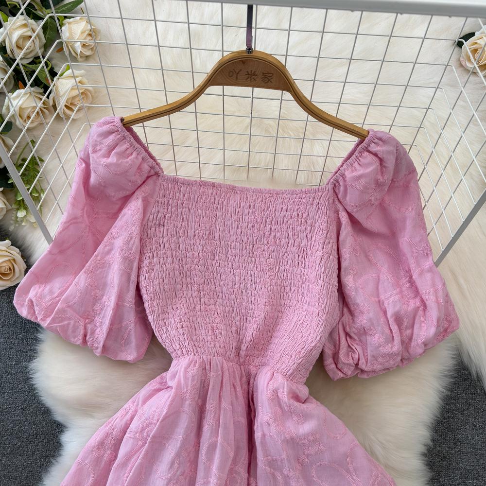 Fashion Dress for Women Square Collar Puff Sleeve A-line Floral Texture Vestido Womens Solid Color Folds Dresses Summer Dropship