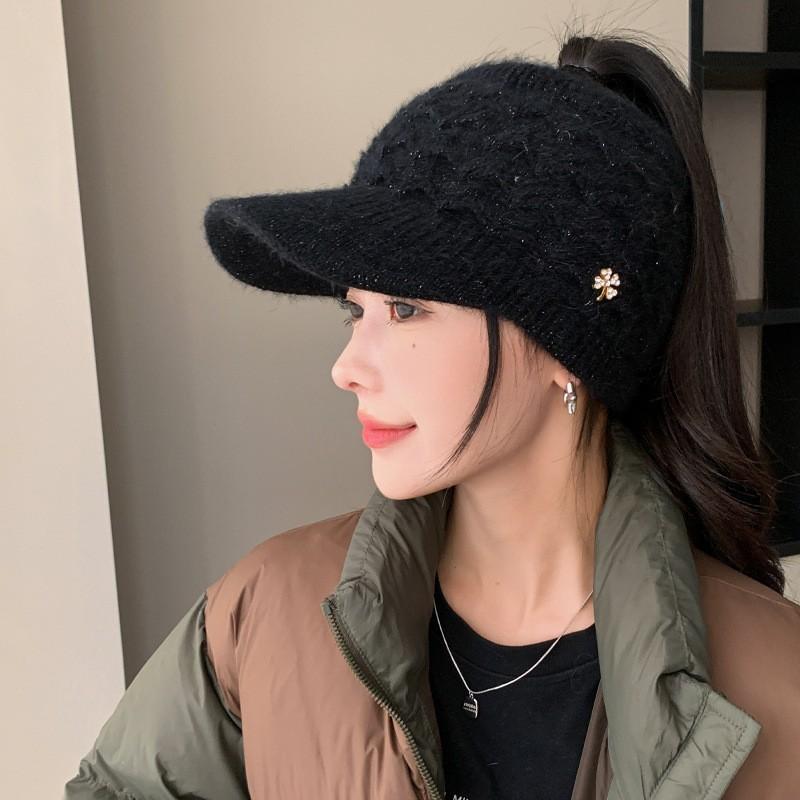 Fashion Versatile Autumn and Winter Hat Women's Big Brim Show Face Small Peaked Hat Ear Protector Warm Knitted Wool Hat