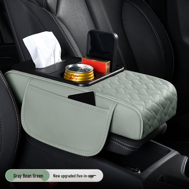 A-Segment Compact Car Armrest Box & Cup Holder Mat with Tissue Storage and Heightening Pad